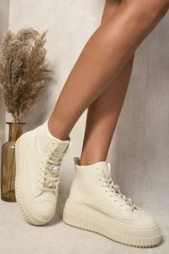 Beige Freya Lace Up High Top Platform Trainers with Decorative Details<IKRUSH Clearance
