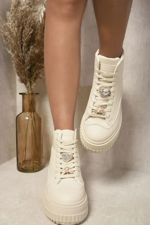 Beige Freya Lace Up High Top Platform Trainers with Decorative Details<IKRUSH Clearance