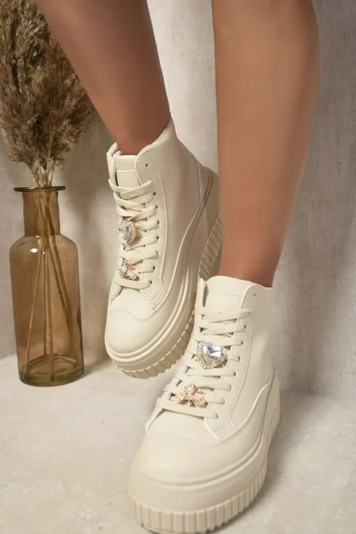 Beige Freya Lace Up High Top Platform Trainers with Decorative Details<IKRUSH Clearance