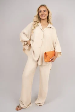 Beige Jade Button Down Long Sleeve Shirt and Wide Leg Trousers Co-ord Set<IKRUSH Outlet