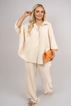 Beige Jade Button Down Long Sleeve Shirt and Wide Leg Trousers Co-ord Set<IKRUSH Outlet