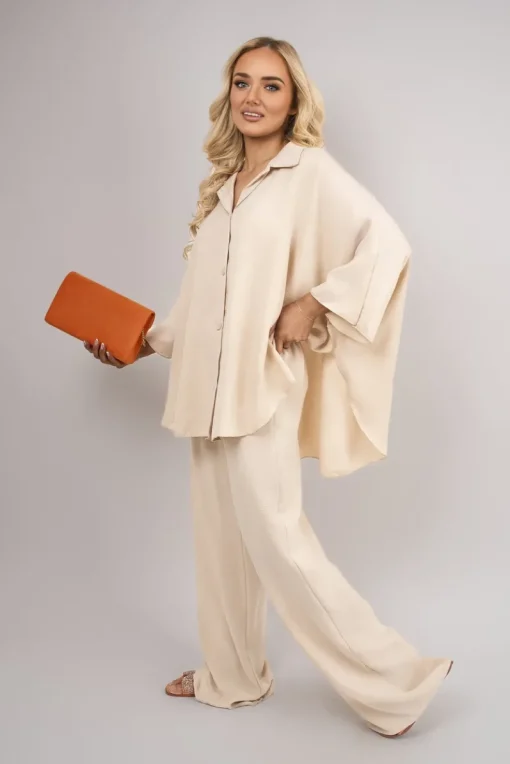 Beige Jade Button Down Long Sleeve Shirt and Wide Leg Trousers Co-ord Set<IKRUSH Outlet