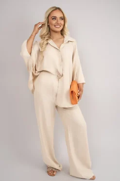 Beige Jade Button Down Long Sleeve Shirt and Wide Leg Trousers Co-ord Set<IKRUSH Outlet