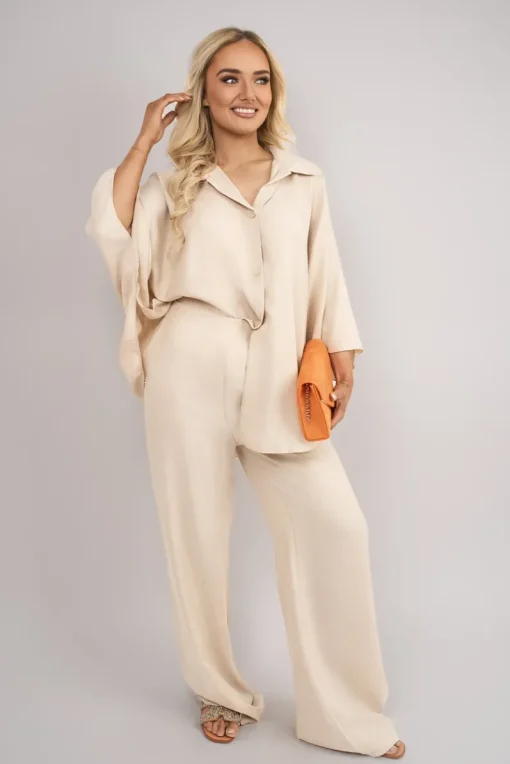 Beige Jade Button Down Long Sleeve Shirt and Wide Leg Trousers Co-ord Set<IKRUSH Outlet