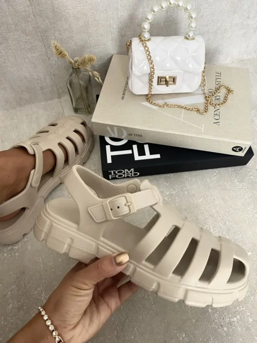 Beige Janelle Summer Round Toe Strappy Chunky Sandals<IKRUSH Fashion