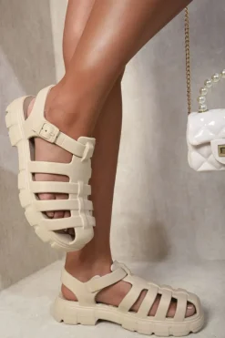 Beige Janelle Summer Round Toe Strappy Chunky Sandals<IKRUSH Fashion