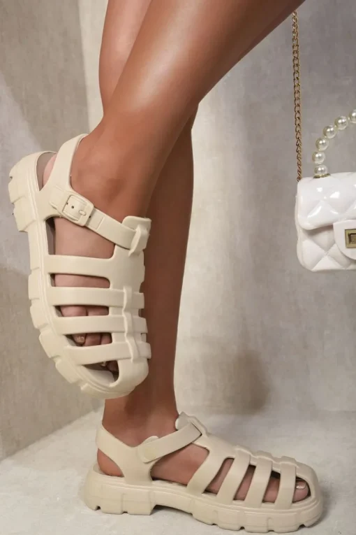 Beige Janelle Summer Round Toe Strappy Chunky Sandals<IKRUSH Fashion