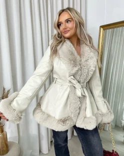 Beige Janna Faux Fur Trim Winter Jacket<IKRUSH Clearance