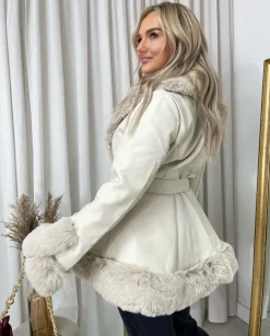 Beige Janna Faux Fur Trim Winter Jacket<IKRUSH Clearance