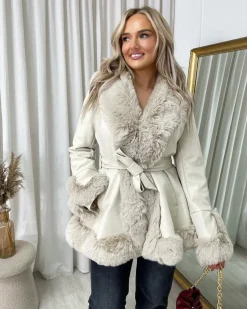 Beige Janna Faux Fur Trim Winter Jacket<IKRUSH Clearance
