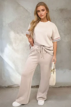 Beige Jennifer Contrast Stripe Top and Wide Leg Trouser Co-ord Set<IKRUSH Hot