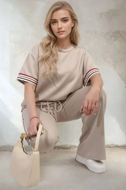Beige Jennifer Contrast Stripe Top and Wide Leg Trouser Co-ord Set<IKRUSH Hot