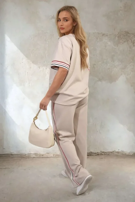 Beige Jennifer Contrast Stripe Top and Wide Leg Trouser Co-ord Set<IKRUSH Hot