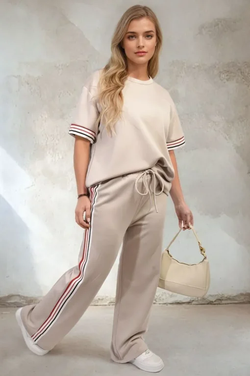 Beige Jennifer Contrast Stripe Top and Wide Leg Trouser Co-ord Set<IKRUSH Hot