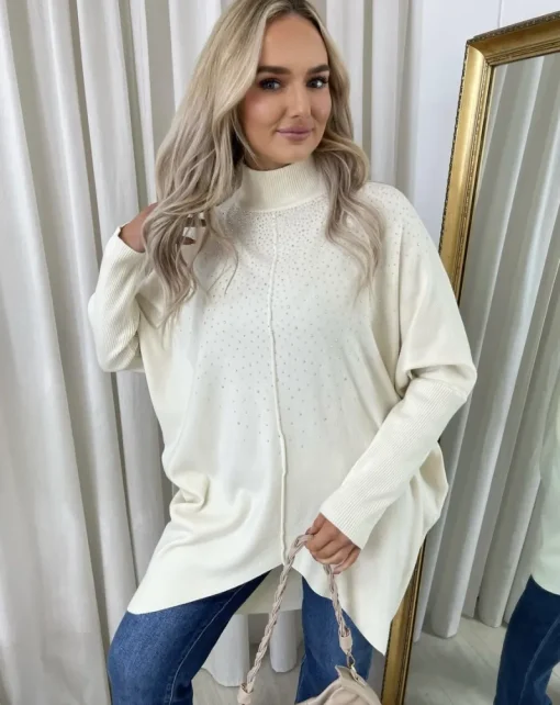 Beige Jessica Rhinestone Detail Oversized Knitted Jumper<IKRUSH Online