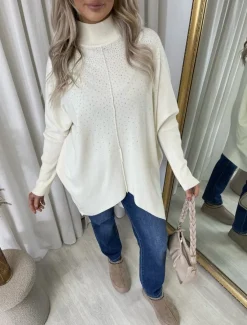 Beige Jessica Rhinestone Detail Oversized Knitted Jumper<IKRUSH Online