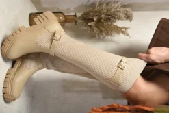 Beige Jessica Stretch Knee High Chunky Sock Boots<IKRUSH Online