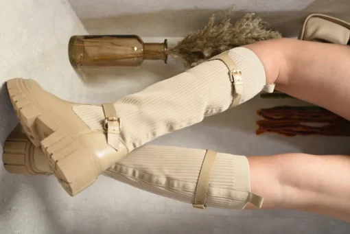 Beige Jessica Stretch Knee High Chunky Sock Boots<IKRUSH Online