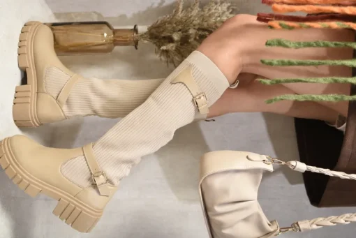 Beige Jessica Stretch Knee High Chunky Sock Boots<IKRUSH Online