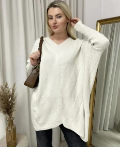 Beige Julissa Oversized V-Neck Knitted Top<IKRUSH Fashion