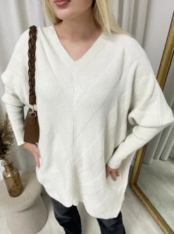 Beige Julissa Oversized V-Neck Knitted Top<IKRUSH Fashion