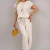 Beige Kaesa Ribbed Short Sleeve Top and Wide Leg Trouser Co-ord Set<IKRUSH Online