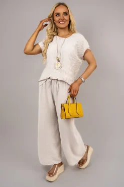 Beige Kaesa Ribbed Short Sleeve Top and Wide Leg Trouser Co-ord Set<IKRUSH Online