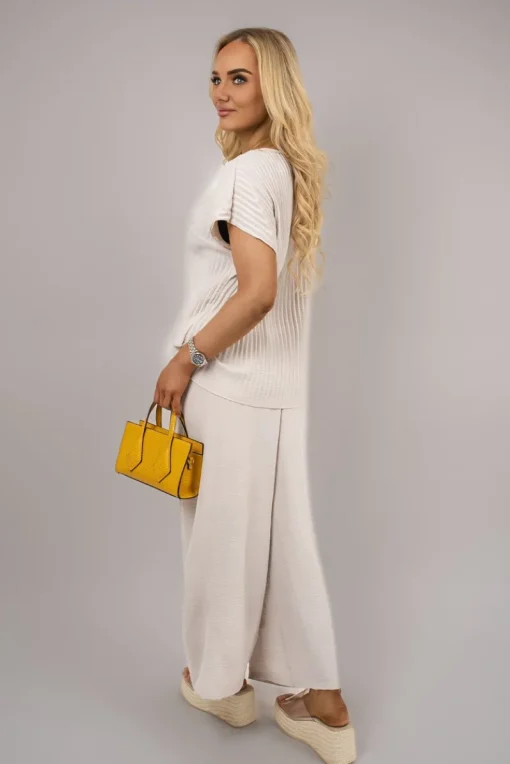 Beige Kaesa Ribbed Short Sleeve Top and Wide Leg Trouser Co-ord Set<IKRUSH Online