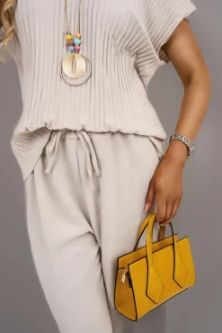 Beige Kaesa Ribbed Short Sleeve Top and Wide Leg Trouser Co-ord Set<IKRUSH Online
