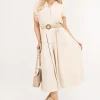 Beige Kareen V Neck Short Sleeve Tiered Midi Dress with Belt<IKRUSH Outlet