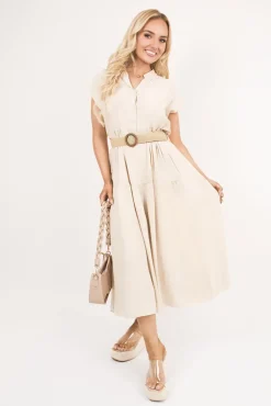 Beige Kareen V Neck Short Sleeve Tiered Midi Dress with Belt<IKRUSH Outlet