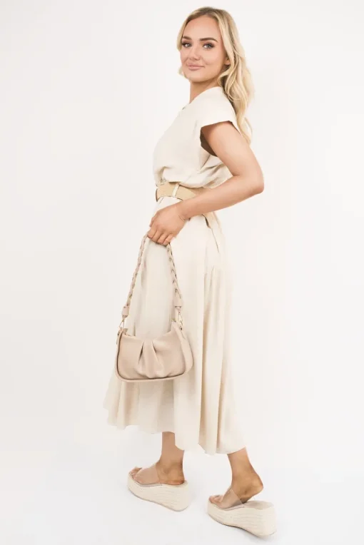 Beige Kareen V Neck Short Sleeve Tiered Midi Dress with Belt<IKRUSH Outlet