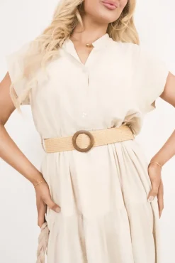 Beige Kareen V Neck Short Sleeve Tiered Midi Dress with Belt<IKRUSH Outlet