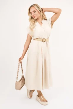 Beige Kareen V Neck Short Sleeve Tiered Midi Dress with Belt<IKRUSH Outlet