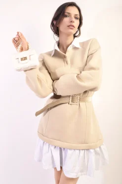 Beige Kayla Collared Long Sleeve Mini Dress<IKRUSH Fashion