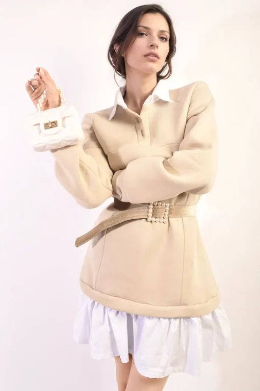Beige Kayla Collared Long Sleeve Mini Dress<IKRUSH Fashion