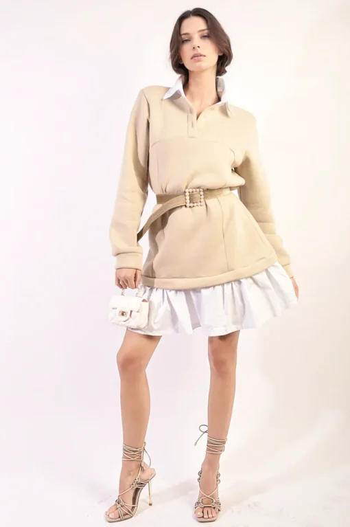 Beige Kayla Collared Long Sleeve Mini Dress<IKRUSH Fashion