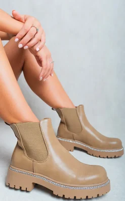 Beige Kayla Faux Suede Diamante Chelsea Ankle Boots<IKRUSH Hot