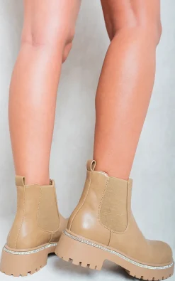 Beige Kayla Faux Suede Diamante Chelsea Ankle Boots<IKRUSH Hot