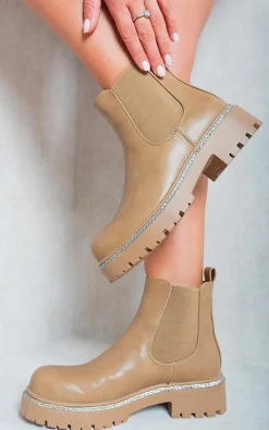 Beige Kayla Faux Suede Diamante Chelsea Ankle Boots<IKRUSH Hot