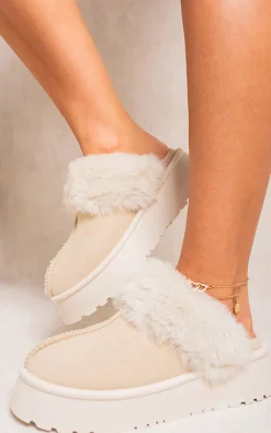 Beige Kelly Faux Fur Trim Whisp Chunky Platform Slippers<IKRUSH Discount