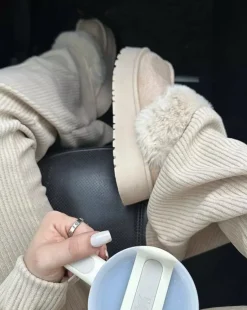 Beige Kelly Faux Fur Trim Whisp Chunky Platform Slippers<IKRUSH Discount