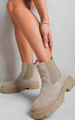 Beige Kiana Chunky Chelsea Suede Ankle Boots<IKRUSH Online