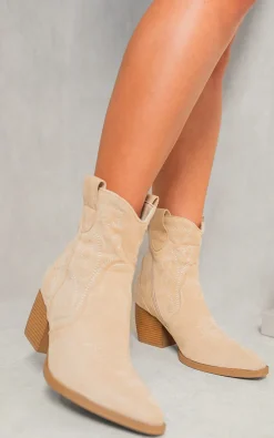 Beige Laura Suede Cowboy Ankle Length Boots<IKRUSH New