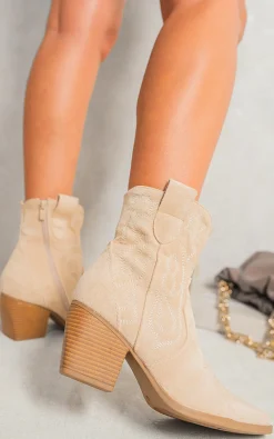 Beige Laura Suede Cowboy Ankle Length Boots<IKRUSH New