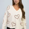 Beige Laura V-neck Embellished Hearts Long Sleeve Knitted Jumper<IKRUSH Hot