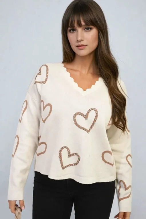 Beige Laura V-neck Embellished Hearts Long Sleeve Knitted Jumper<IKRUSH Hot