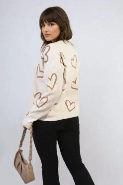 Beige Laura V-neck Embellished Hearts Long Sleeve Knitted Jumper<IKRUSH Hot