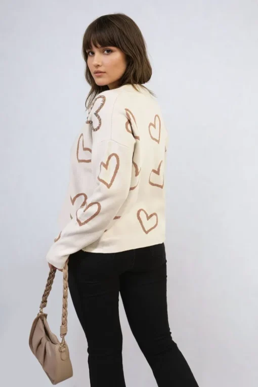 Beige Laura V-neck Embellished Hearts Long Sleeve Knitted Jumper<IKRUSH Hot
