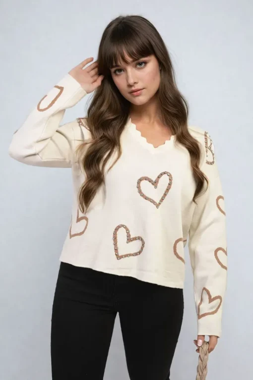 Beige Laura V-neck Embellished Hearts Long Sleeve Knitted Jumper<IKRUSH Hot